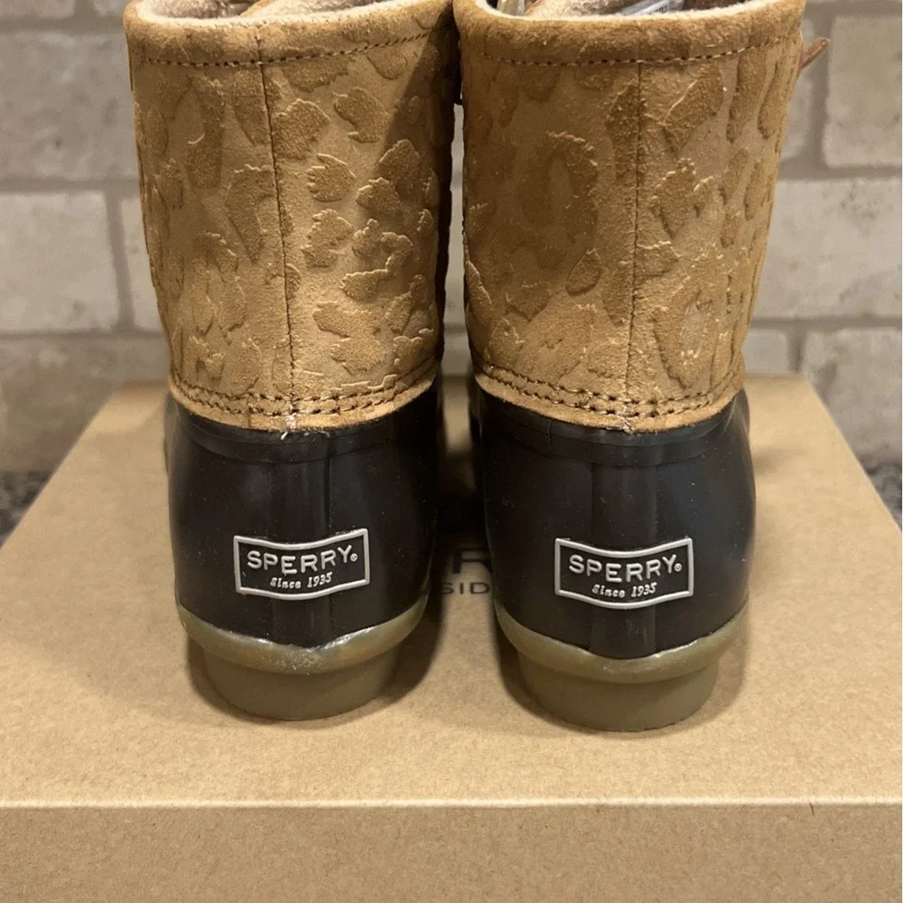 New Sperry Saltwater Cheetah Tan Duck Boots All Weather STS87095 Women's 7.5